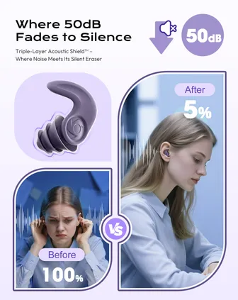 Ear Plugs for Sleeping Against Snoring & Noise - Ear Plugs Swimming Non-Slip Seat for Side Sleepers, Swimming and Sports - Ideal for Travel, Office and Exercise Purple