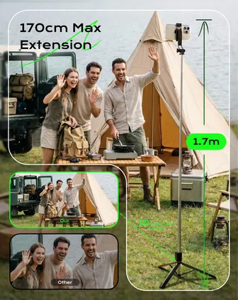 Selfie Stick & Hand Tripod, 170 cm Portable Tripod for Smartphone with Wireless Remote Shutter, Compatible with iPhone/Android
