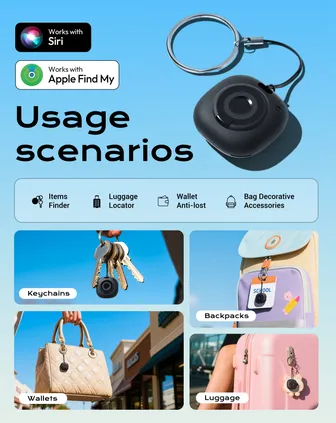 Key Finder Smart Tag, Compatible with Apple Find My (iOS Only), for Suitcases/Bags/Keys/Children's Backpacks, Replaceable Battery, Black